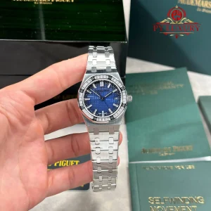 Audemars Piguet Royal Oak 77451BC Smoked Blue Dial Baguette Diamond Bezel Best Replica ZF 34mm