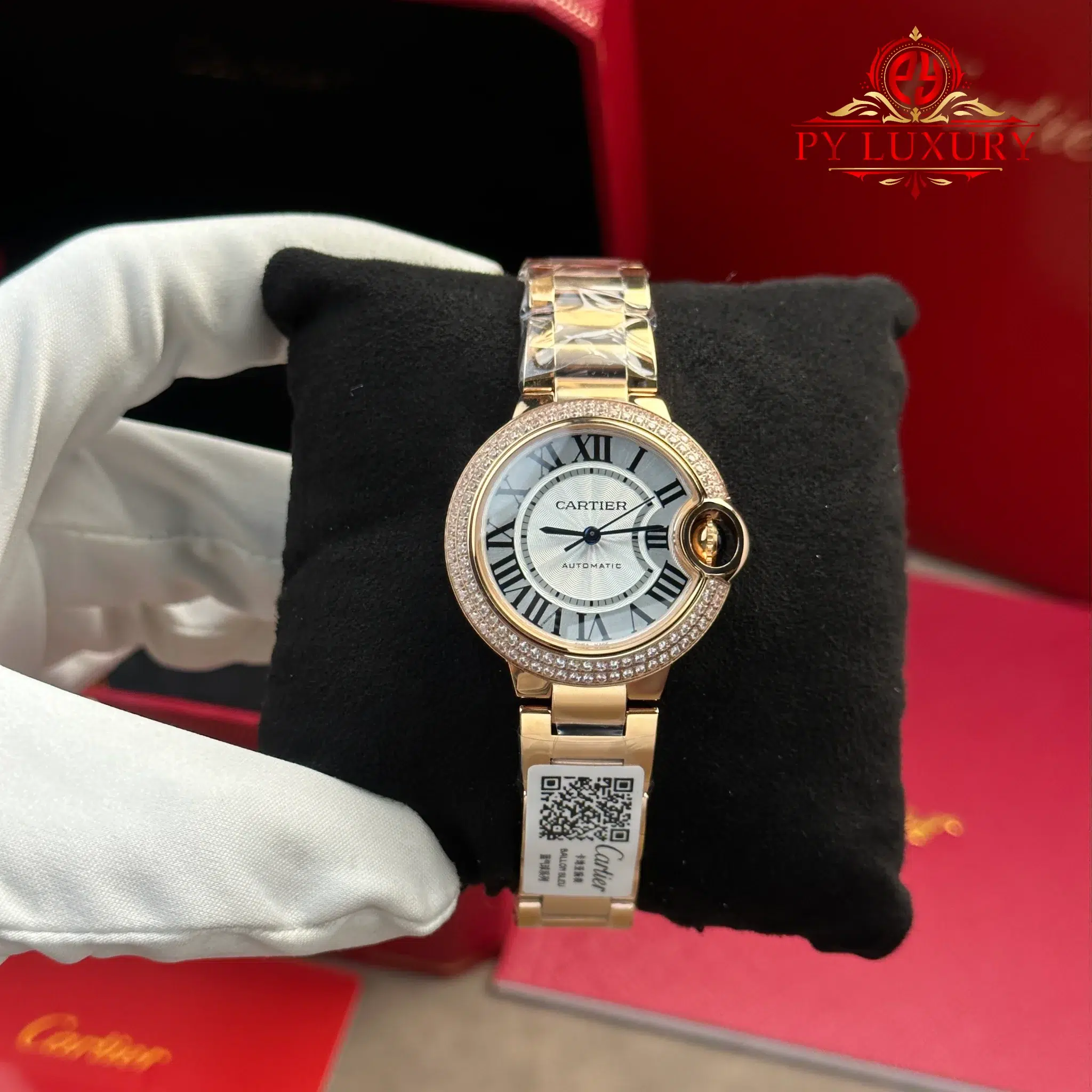 Cartier Ballon Bleu WE902034 Automatic Rose Gold Silver Dial Diamond Bezel Best Replica AF 33mm