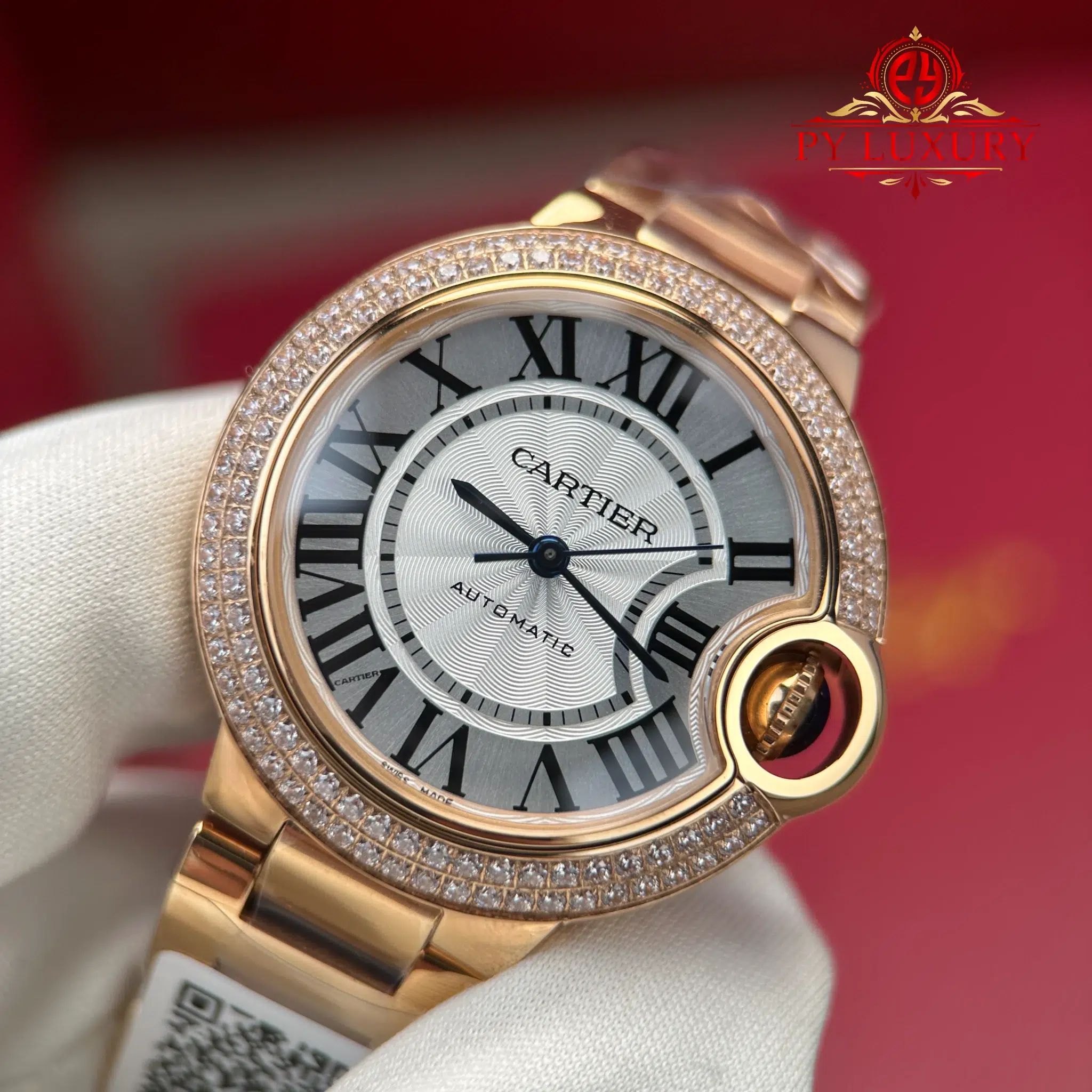 Cartier Ballon Bleu WE902034 Automatic Rose Gold Silver Dial Diamond Bezel Best Replica AF 33mm - Image 5