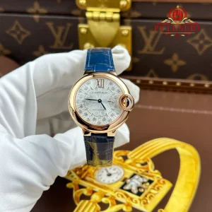 Đồng Hồ Nữ Cartier Ballon Bleu WGBB0052 Vàng Hồng Mặt Số Bạc Đính Đá Dây Da Xanh Replica 1:1 AF 33mm
