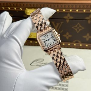 Đồng Hồ Nữ Cartier Panthère Medium Model Vàng Hồng Mặt Trắng Viền Đá Replica 27mm x 36mm