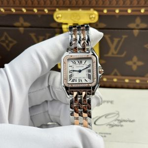 Đồng Hồ Nữ Cartier Panthère Medium Model Demi Vàng Hồng Mặt Trắng Viền Đá CZ Replica 27mm x 36mm