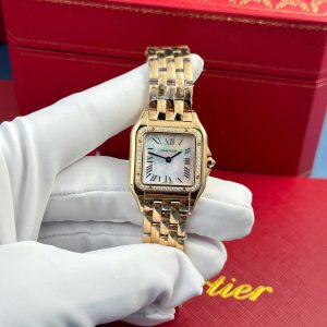 Đồng Hồ Nữ Cartier Panthère Vàng Hồng Mặt Khảm Trai Viền Đá CZ Replica 1:1 AF 27mm x 36mm