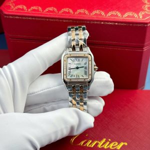 Đồng Hồ Nữ Cartier Panthère Demi Vàng Hồng Mặt Xà Cừ Viền Đá CZ Replica 1:1 AF 27mm x 36mm
