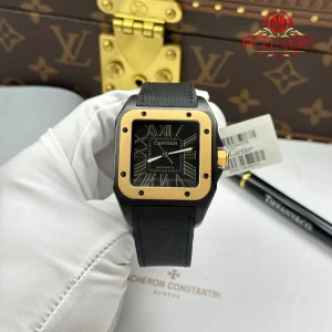 Cartier Santos 100 XL Black DLC Yellow Gold Black Leather Strap Best Replica 43 x 51mm