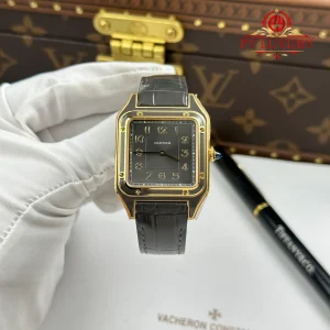 Cartier Santos Dumont LM Yellow Gold Gray Lacquer Grey Dial Quartz Leather Strap Replica AF 31.4mm x 43.5mm