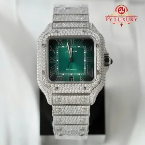 Cartier Santos Large Model Green Roman Dial Iced Out Moissanite Best Replica 39.8mm