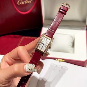 Đồng Hồ Nữ Cartier Tank Américaine WJTA0059 Vàng Hồng Viền Đá Dây Da Replica 35.4 mm x 19.4 mm