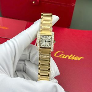 Đồng Hồ Nữ Cartier Tank Francaise WJTA0062 Vàng Vàng Mặt Số Tia Nắng Vàng Viền Đá Replica 25.7 x 21.2mm