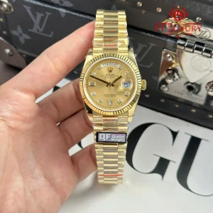 Đồng Hồ Rolex Day-Date 128238-0008 Vàng Gold Mặt Số Vàng Champagne Cọc Số Đính Đá Replica 1:1 QF 36mm