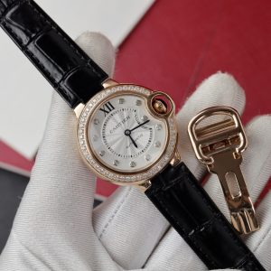 Cartier Ballon Bleu Rose Gold White Diamond Dial Diamond Bezel Leather Replica 36mm