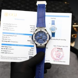 Đồng Hồ Hublot Big Bang Chronograph Vỏ Thép Mặt Xanh Dương Viền Đá Moissanite Replica 41mm