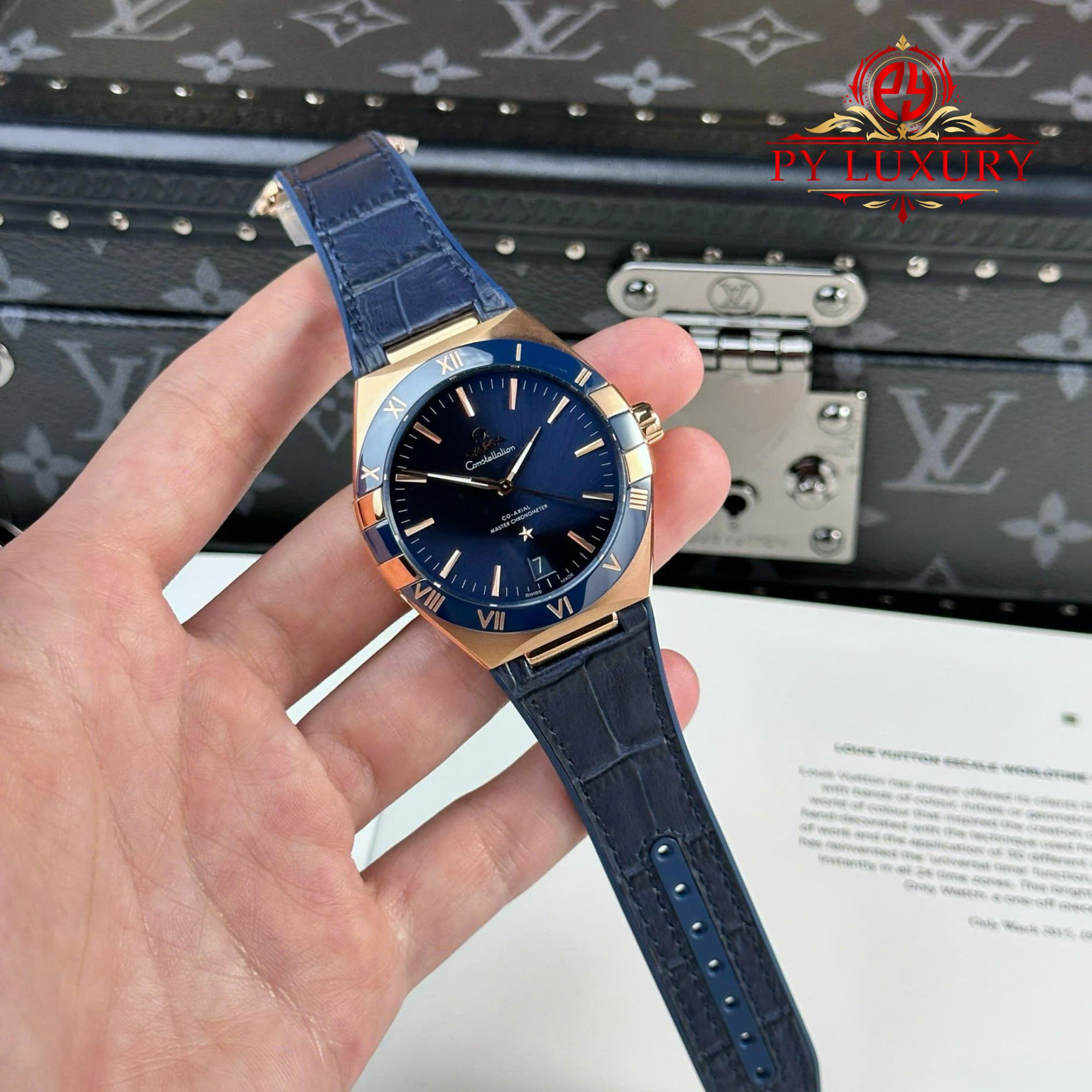 Omega Constellation Rose Gold Blue Dial Blue Ceramic Bezel Leather Strap Best Replica VSF 41mm - Image 2