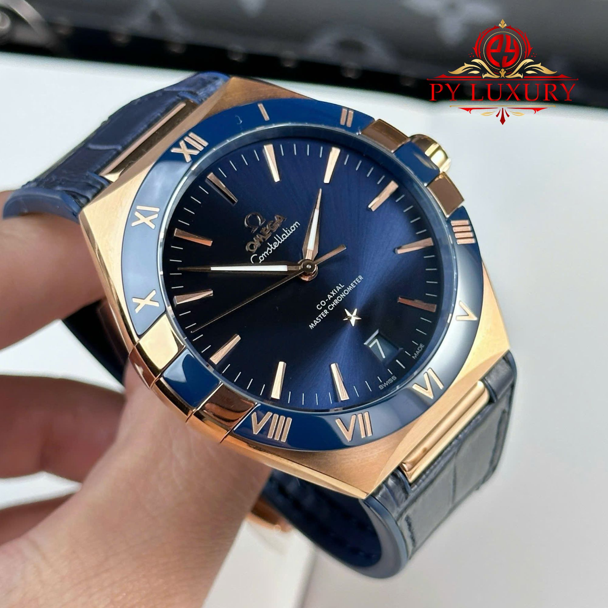 Omega Constellation Rose Gold Blue Dial Blue Ceramic Bezel Leather Strap Best Replica VSF 41mm - Image 3