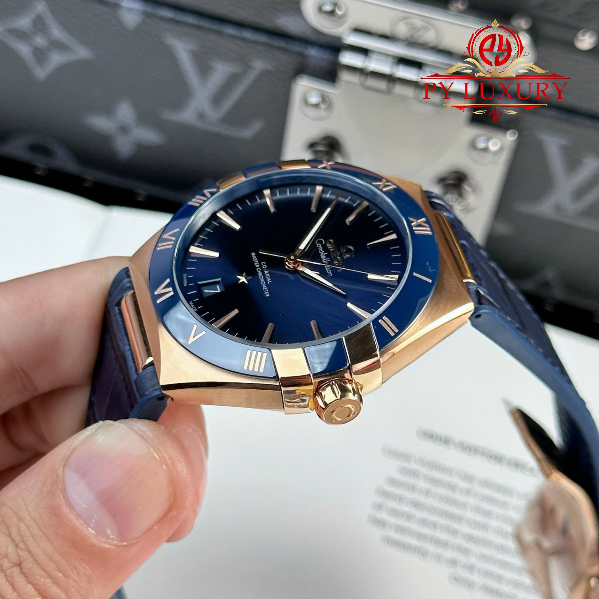 Omega Constellation Rose Gold Blue Dial Blue Ceramic Bezel Leather Strap Best Replica VSF 41mm - Image 4