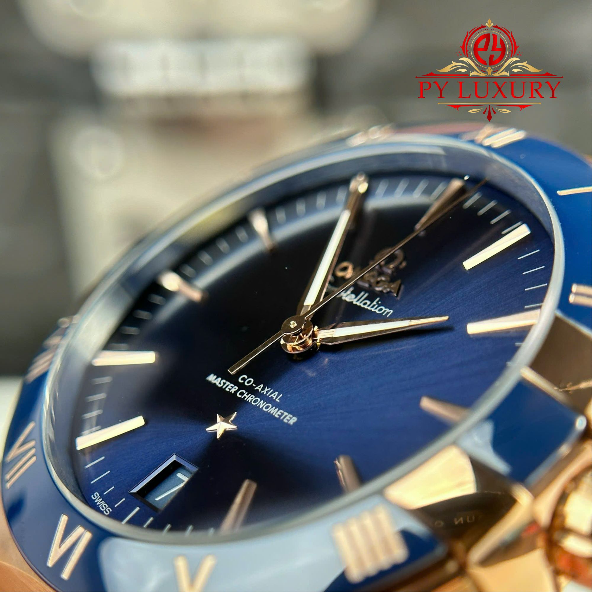 Omega Constellation Rose Gold Blue Dial Blue Ceramic Bezel Leather Strap Best Replica VSF 41mm - Image 5