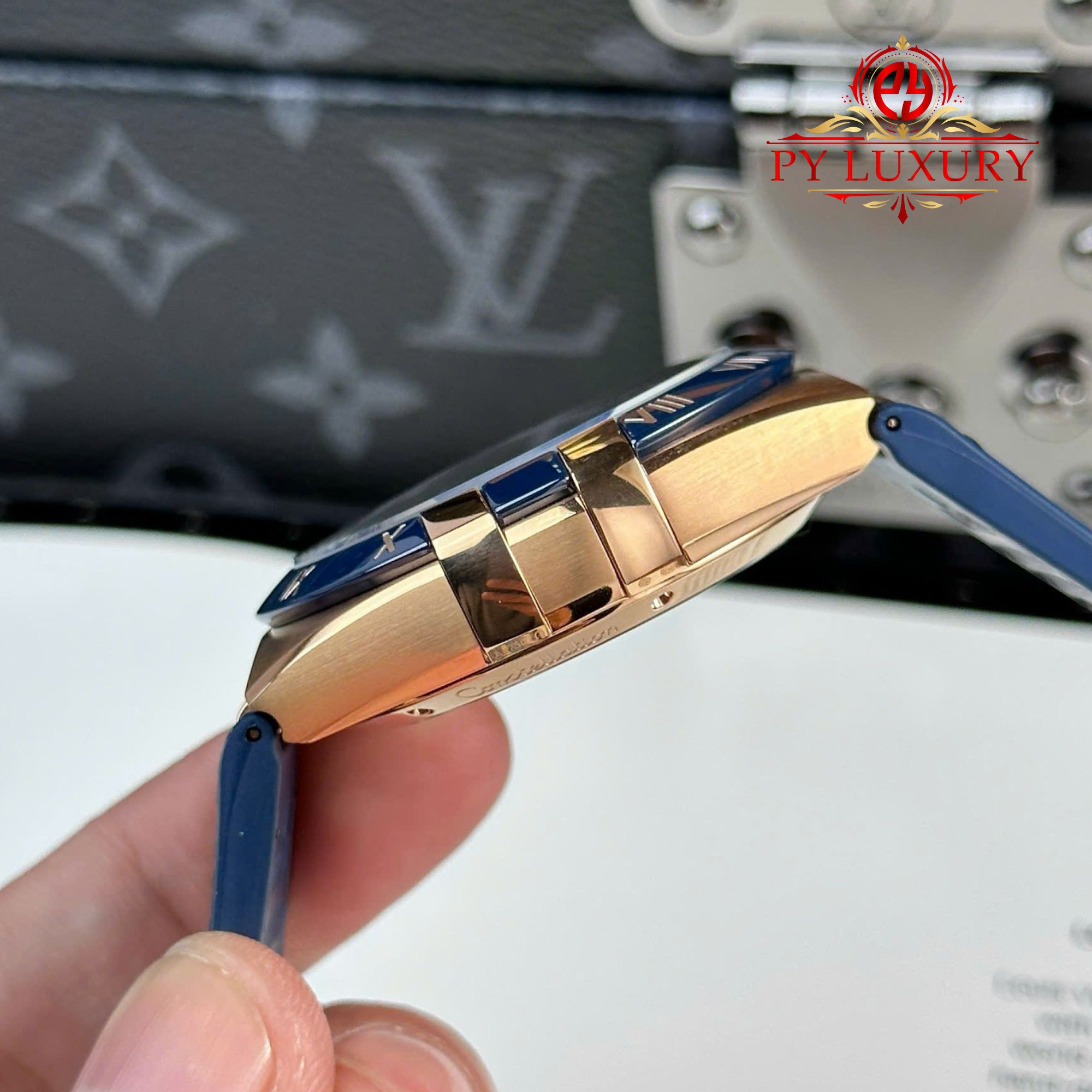 Omega Constellation Rose Gold Blue Dial Blue Ceramic Bezel Leather Strap Best Replica VSF 41mm - Image 6