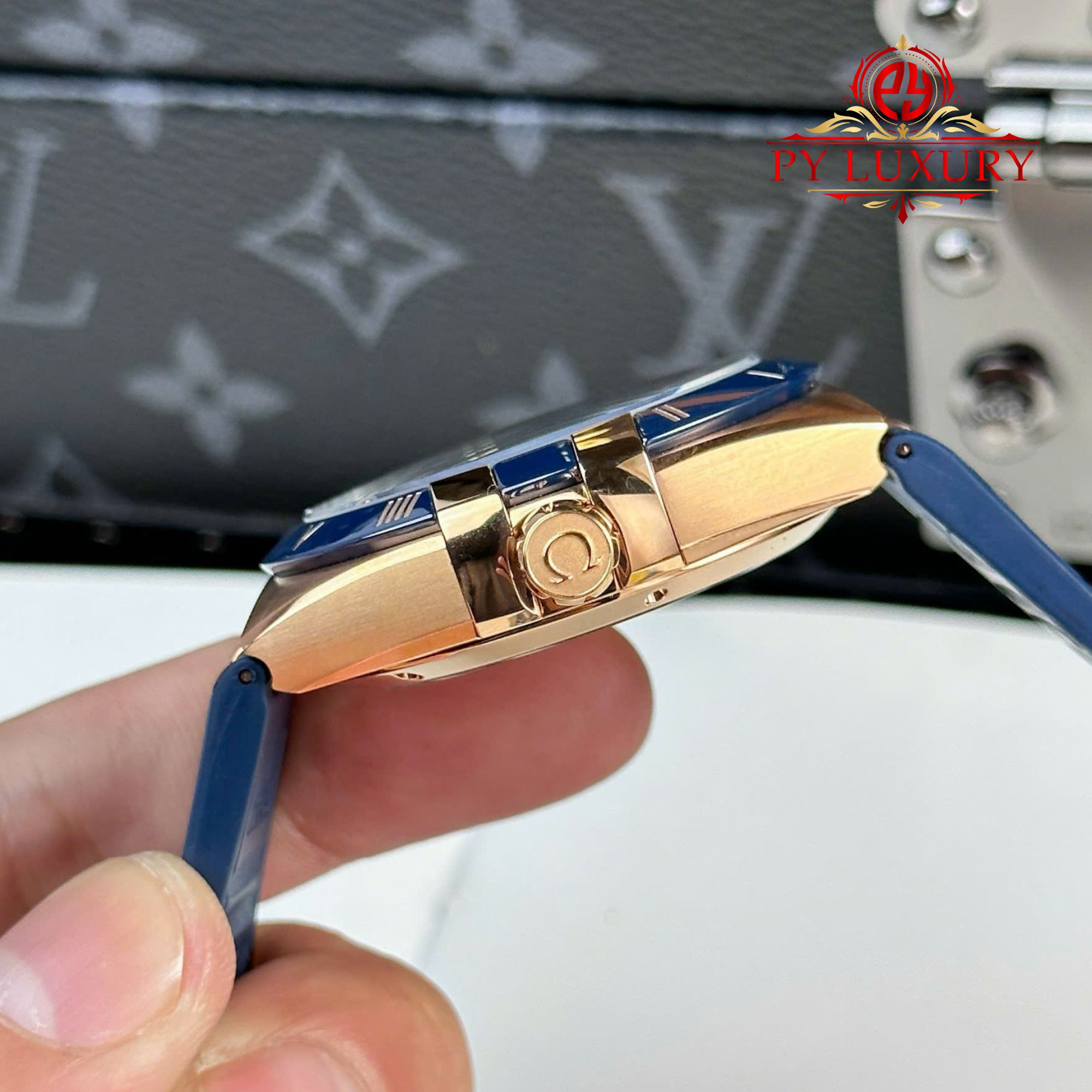 Omega Constellation Rose Gold Blue Dial Blue Ceramic Bezel Leather Strap Best Replica VSF 41mm - Image 7