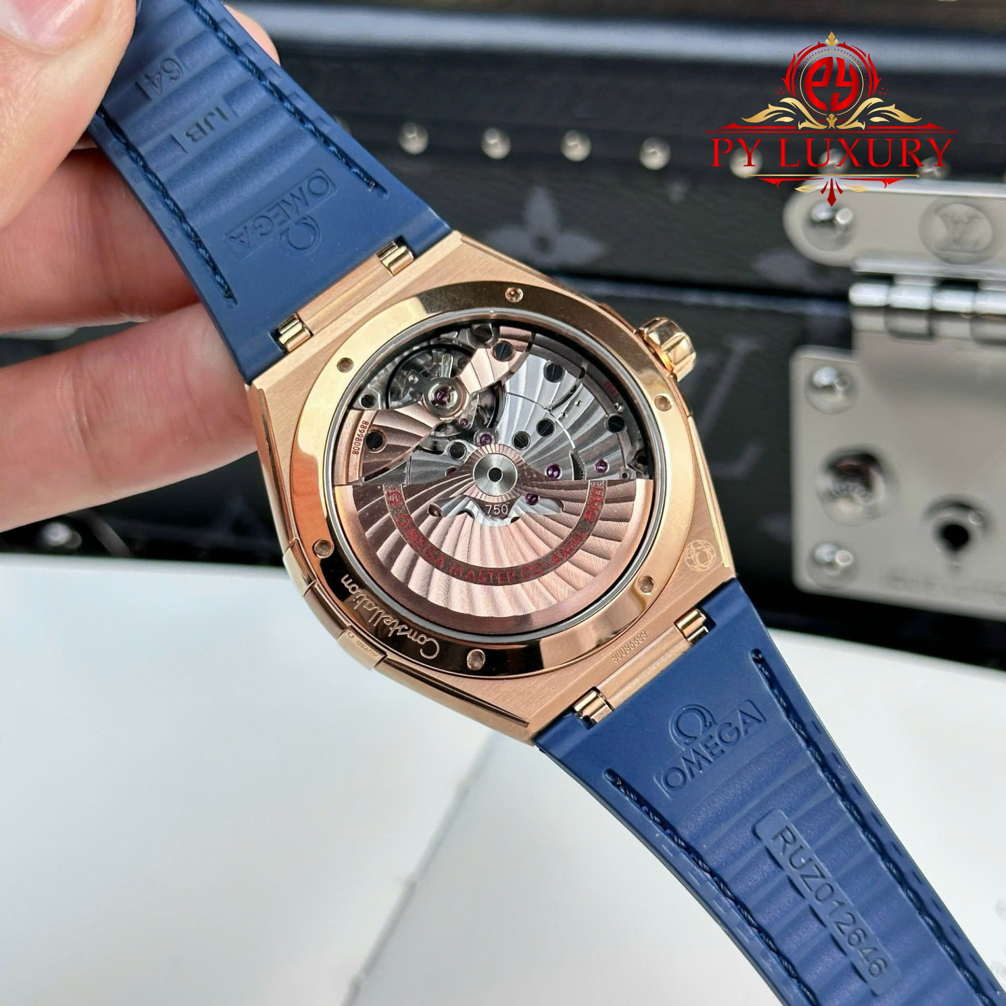 Omega Constellation Rose Gold Blue Dial Blue Ceramic Bezel Leather Strap Best Replica VSF 41mm - Image 8