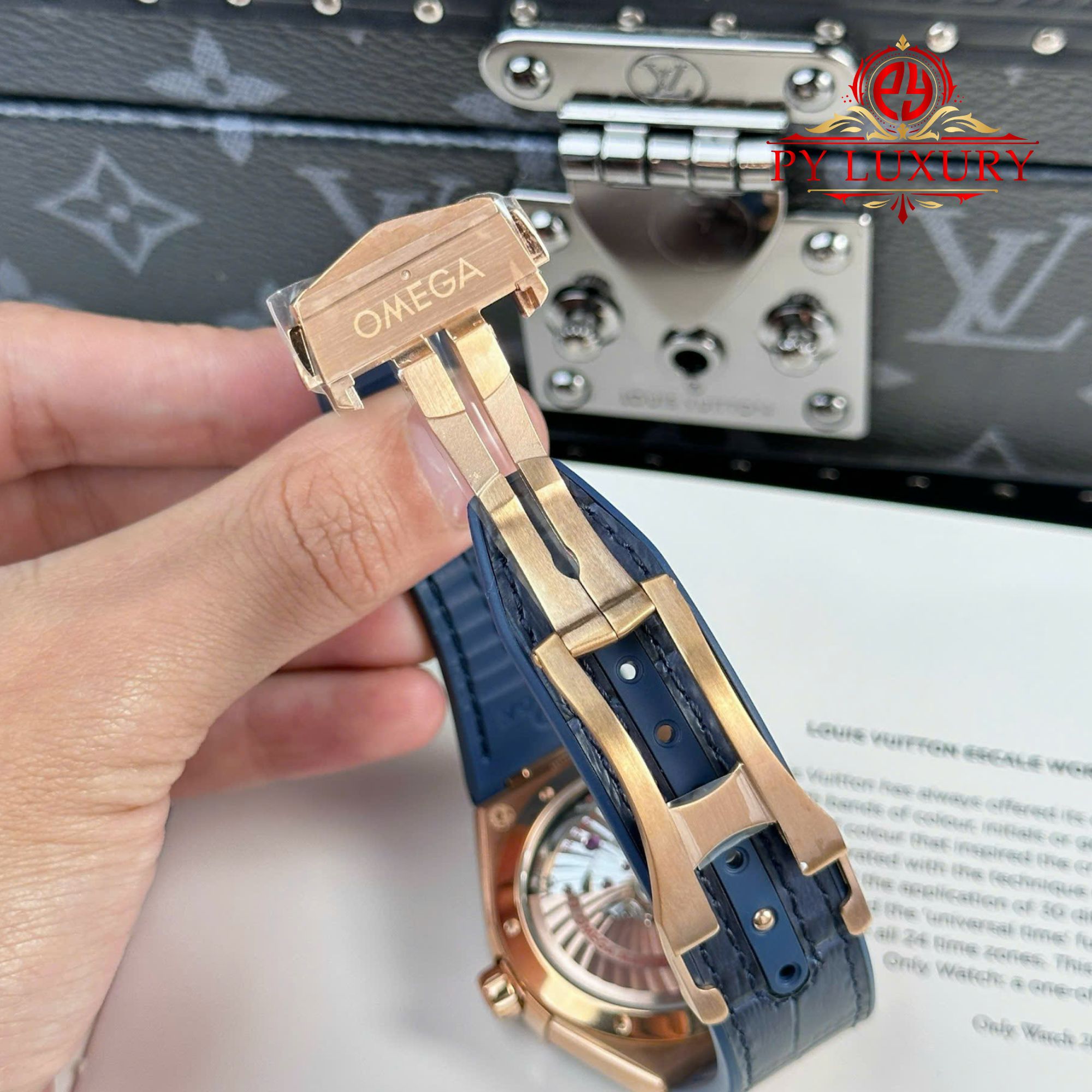 Omega Constellation Rose Gold Blue Dial Blue Ceramic Bezel Leather Strap Best Replica VSF 41mm - Image 9