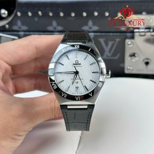 Đồng Hồ Omega Constellation Mặt Xám Rhodium Viền Gốm Đen Dây Da Replica 1:1 VSF 41mm