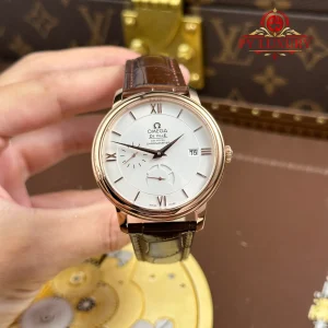 Đồng Hồ Omega De Ville Prestige Power Reserve Vàng Hồng Mặt Trắng Dây Da Replica 1:1 Thụy Sĩ 39.5mm