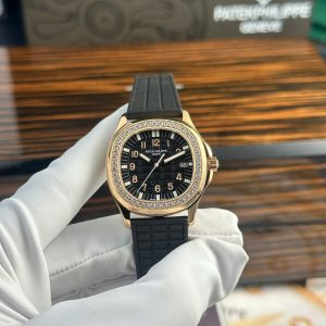 Đồng Hồ Nữ Patek Philippe Aquanaut 5068R Vàng Hồng Mặt Đen Viền Đá Rep 1:1 PPF 35.6mm