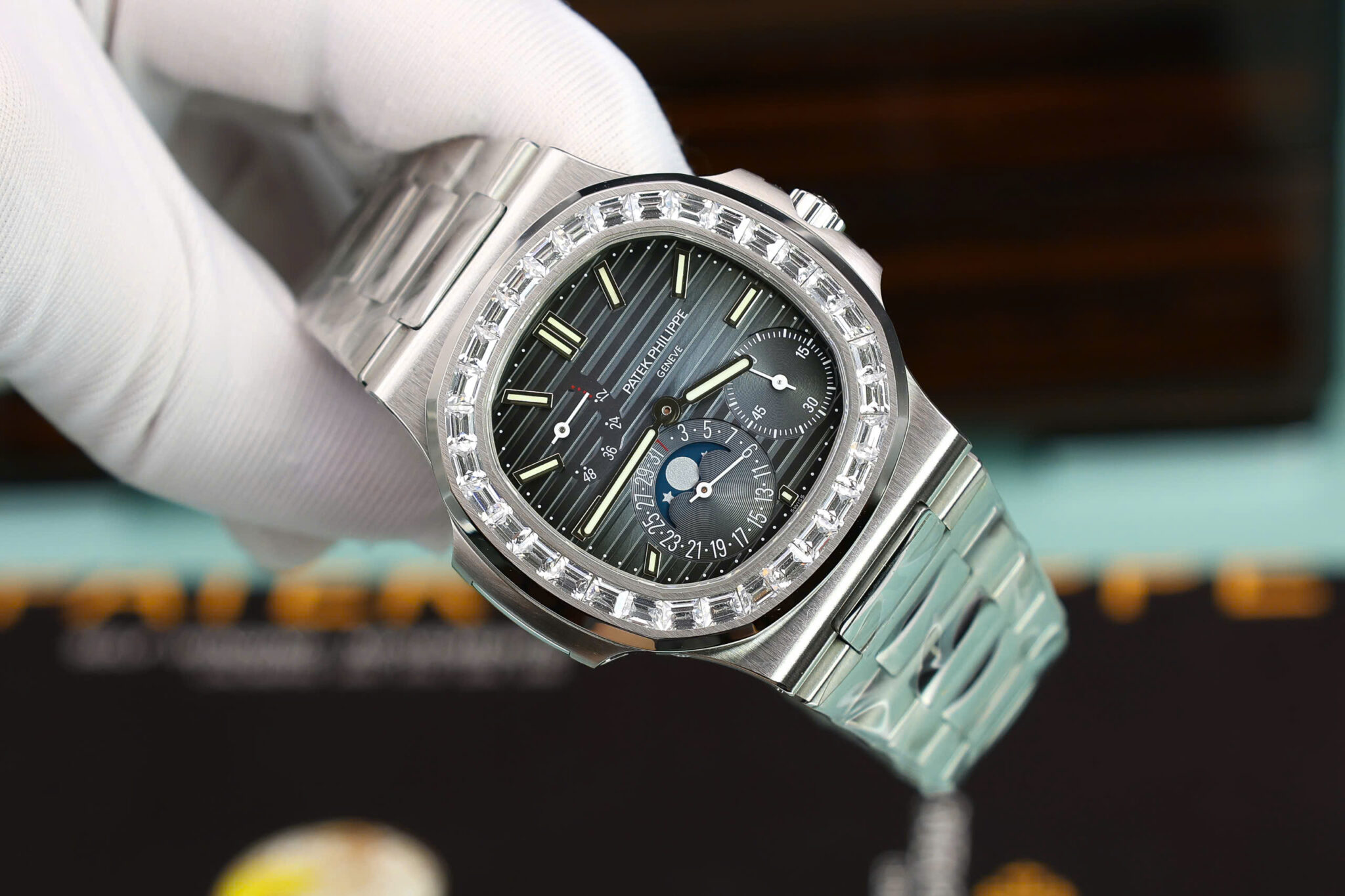 Patek Philippe Nautilus 5712 Blue Dial Baguette Stone Bezel Bracelet Full Functions PPF Best Replica 40mm - Image 2