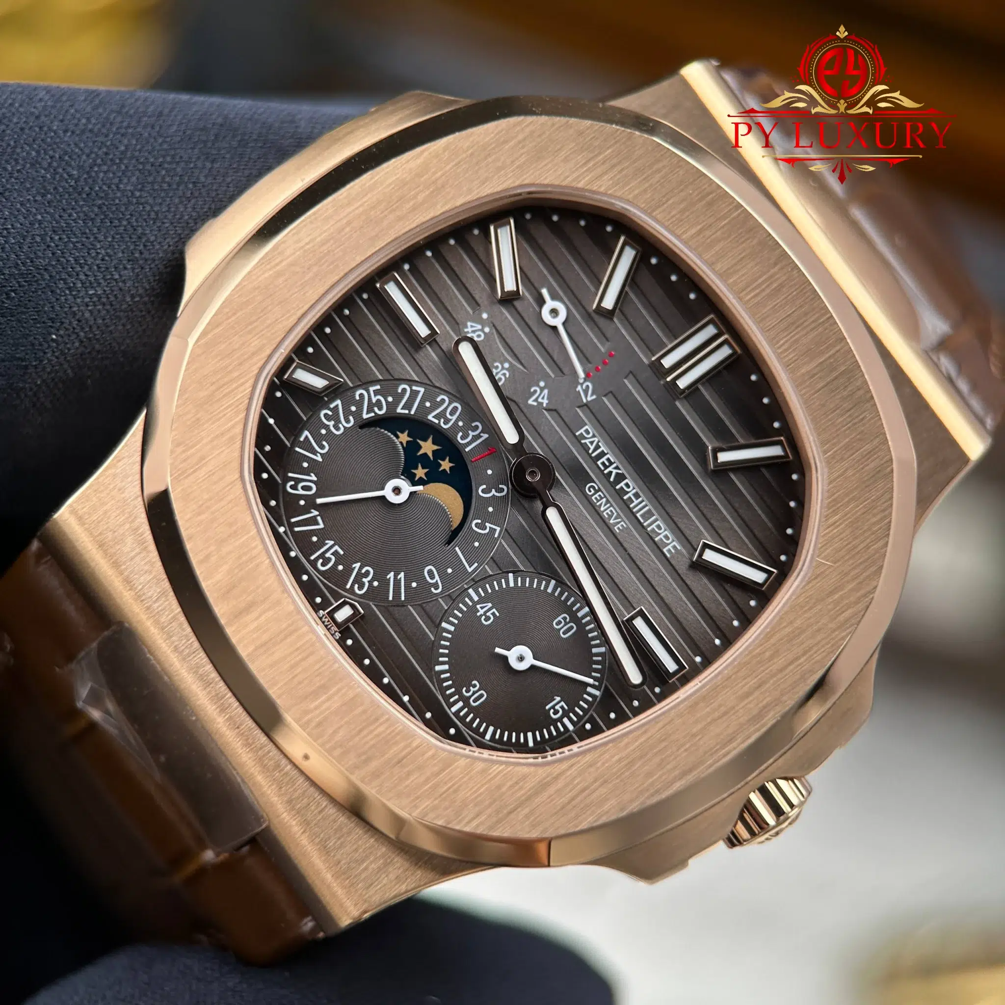 Patek Philippe Nautilus 5712R Rose Gold Grey Dial Leather Strap Best Replica PPF V3 40mm - Image 3