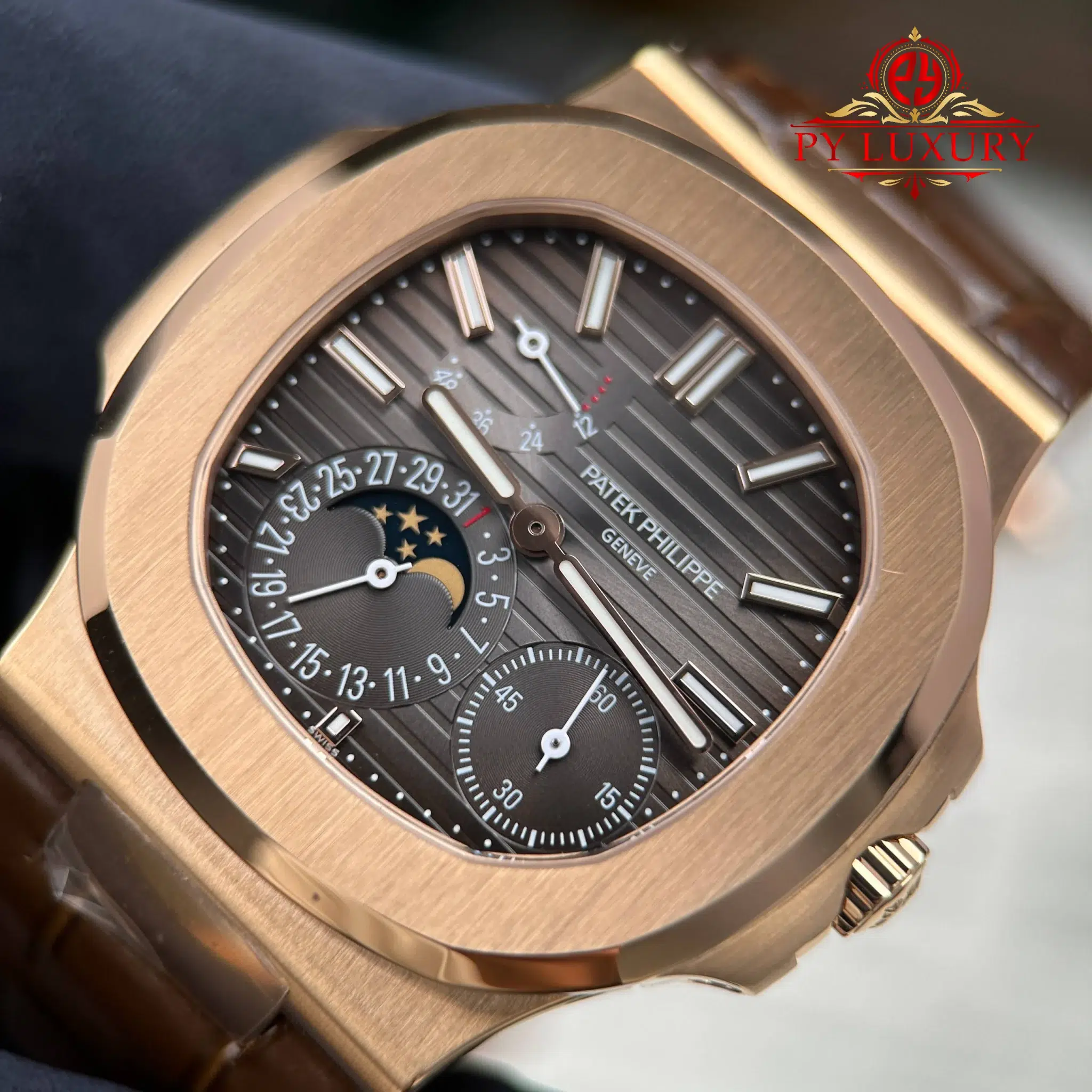 Patek Philippe Nautilus 5712R Rose Gold Grey Dial Leather Strap Best Replica PPF V3 40mm - Image 6