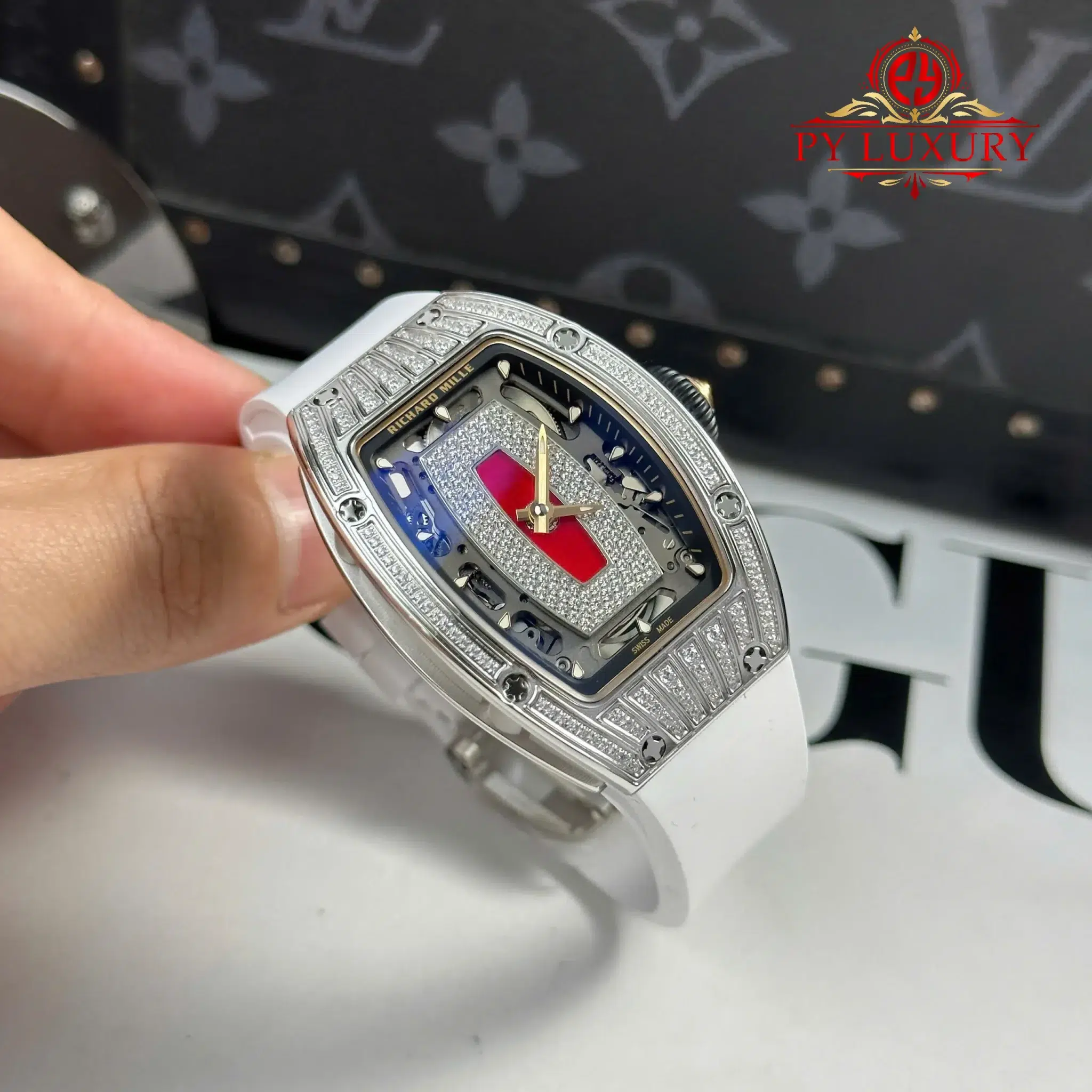 Richard Mille RM07-01 Lady Diamonds Red Lip White Rubber Strap 1:1 Super Clone ZF 45.32 x 32.3mm - Image 4