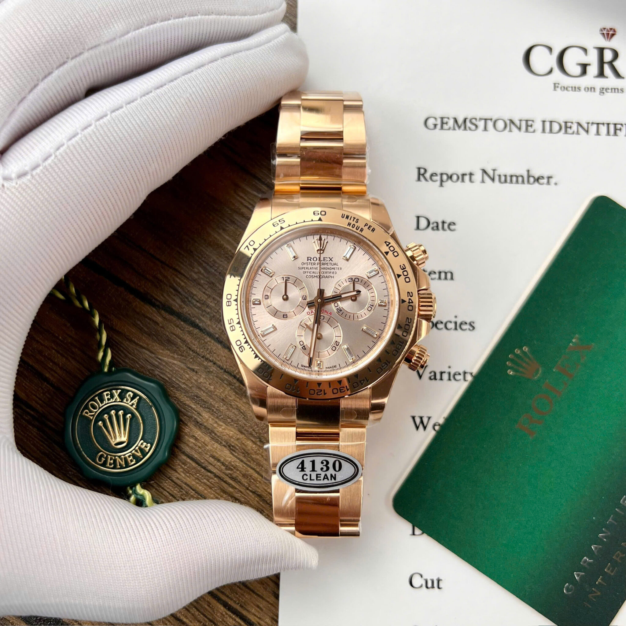 Đồng hồ Rolex Daytona 116505-0017 Vàng Hồng Mặt Cá Hồi Cọc Số Đính Đá Replica Clean 40mm