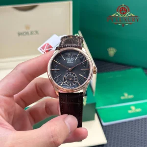 Rolex Cellini Dual Time 50525 Rose Gold Black Guilloche Index Dial Leather Strap Best Replica 39mm