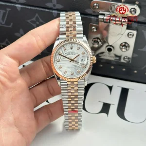 Đồng Hồ Rolex Datejust 126231 Demi Vàng Hồng Mặt Lá Cọ Bạc Cọc Số Đính Đá Dây Jubilee Replica 1:1 VSF 36mm