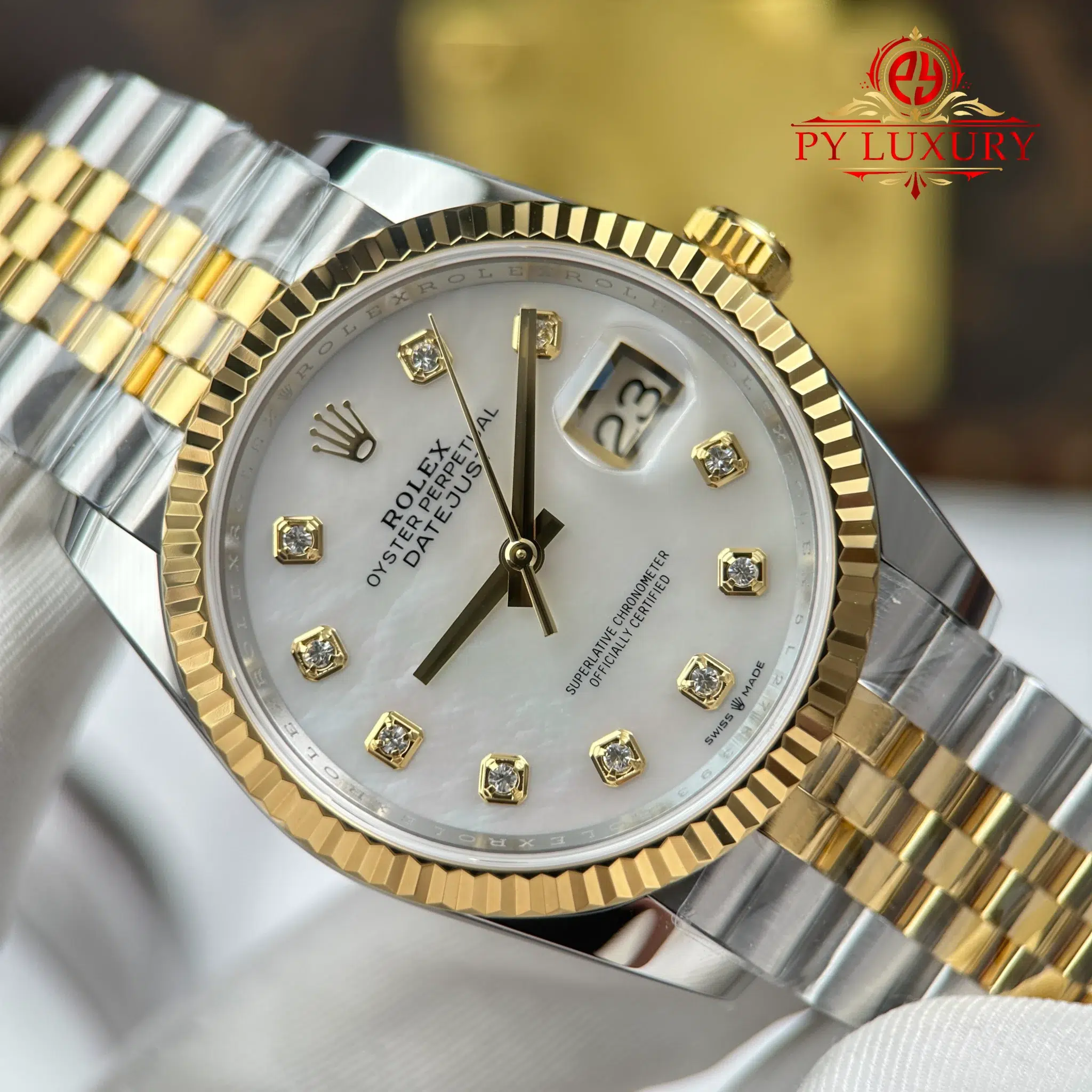 Rolex Datejust 126233-0023 Steel & Yellow Gold White Mother of Pearl Diamond Dial Jubilee Bracelet Best Replica 36mm - Image 4
