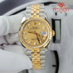 Đồng Hồ Rolex Datejust 126233 Demi Vàng Mặt Số Lá Cọ Vàng Cọc Đá Dây Jubilee Replica 1:1 VSF 36mm
