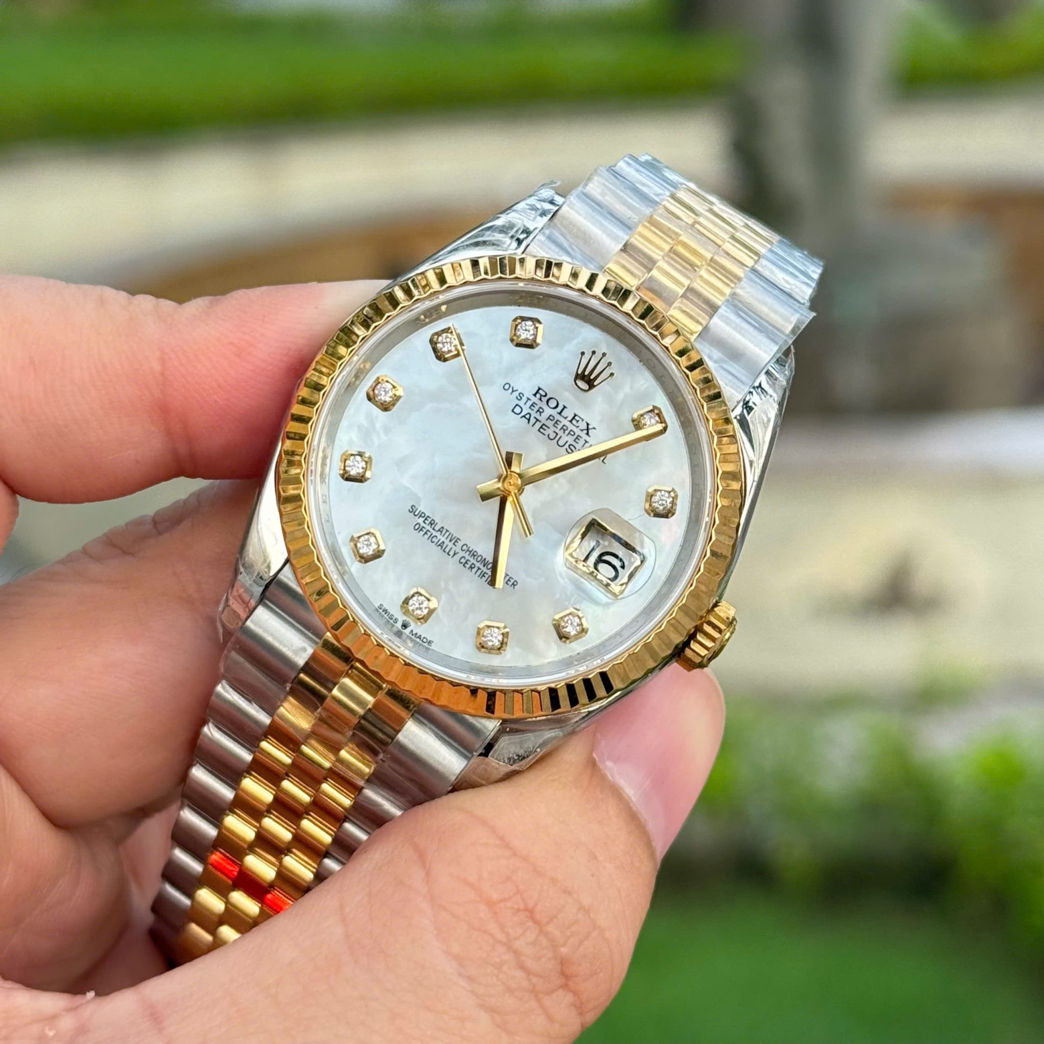 Rolex Datejust 126233 Steel & Yellow Gold Custom Natural MOP Dial Moissanite Markers Jubilee Bracelet Super Clone VSF 36mm - Image 5