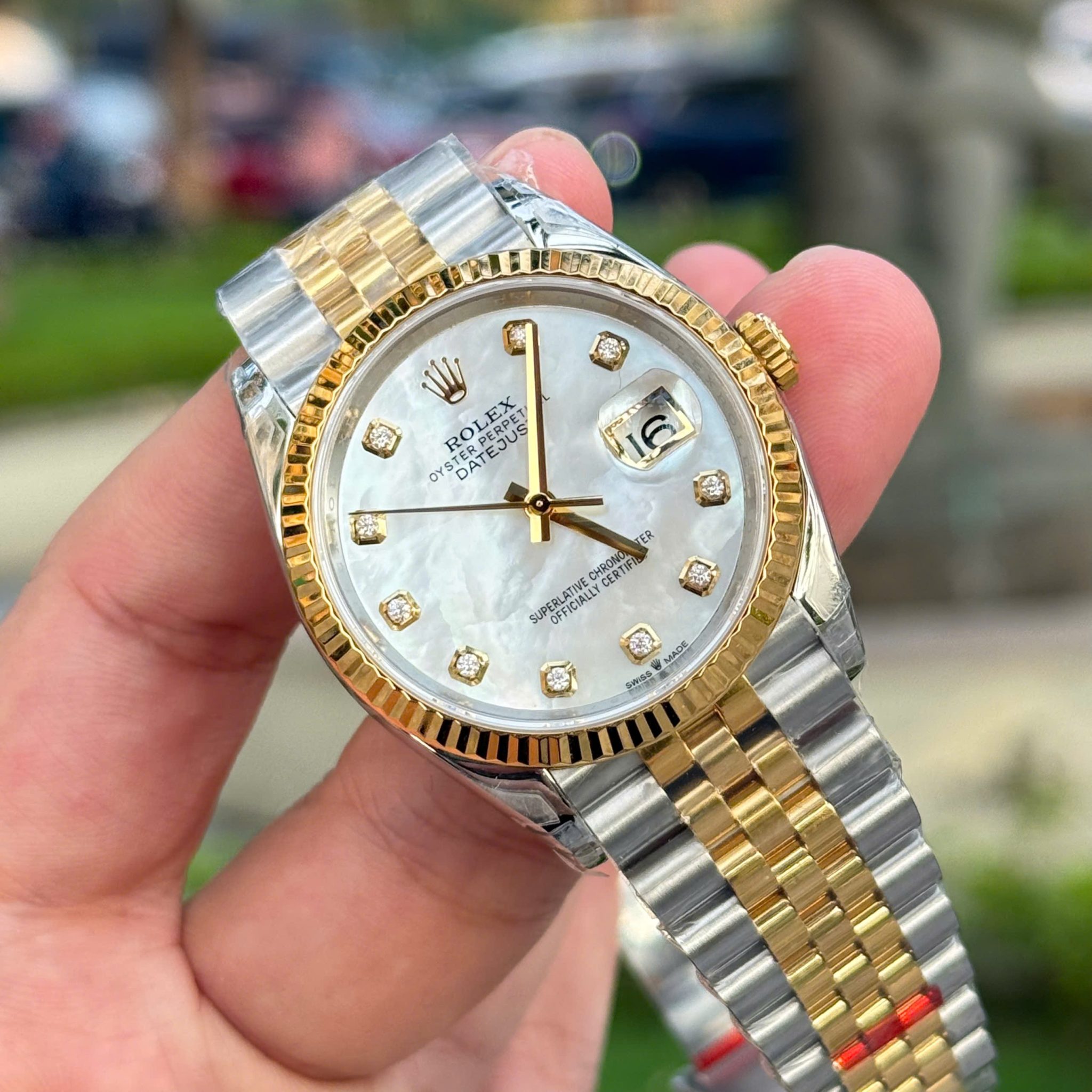 Rolex Datejust 126233 Steel & Yellow Gold Custom Natural MOP Dial Moissanite Markers Jubilee Bracelet Super Clone VSF 36mm - Image 4