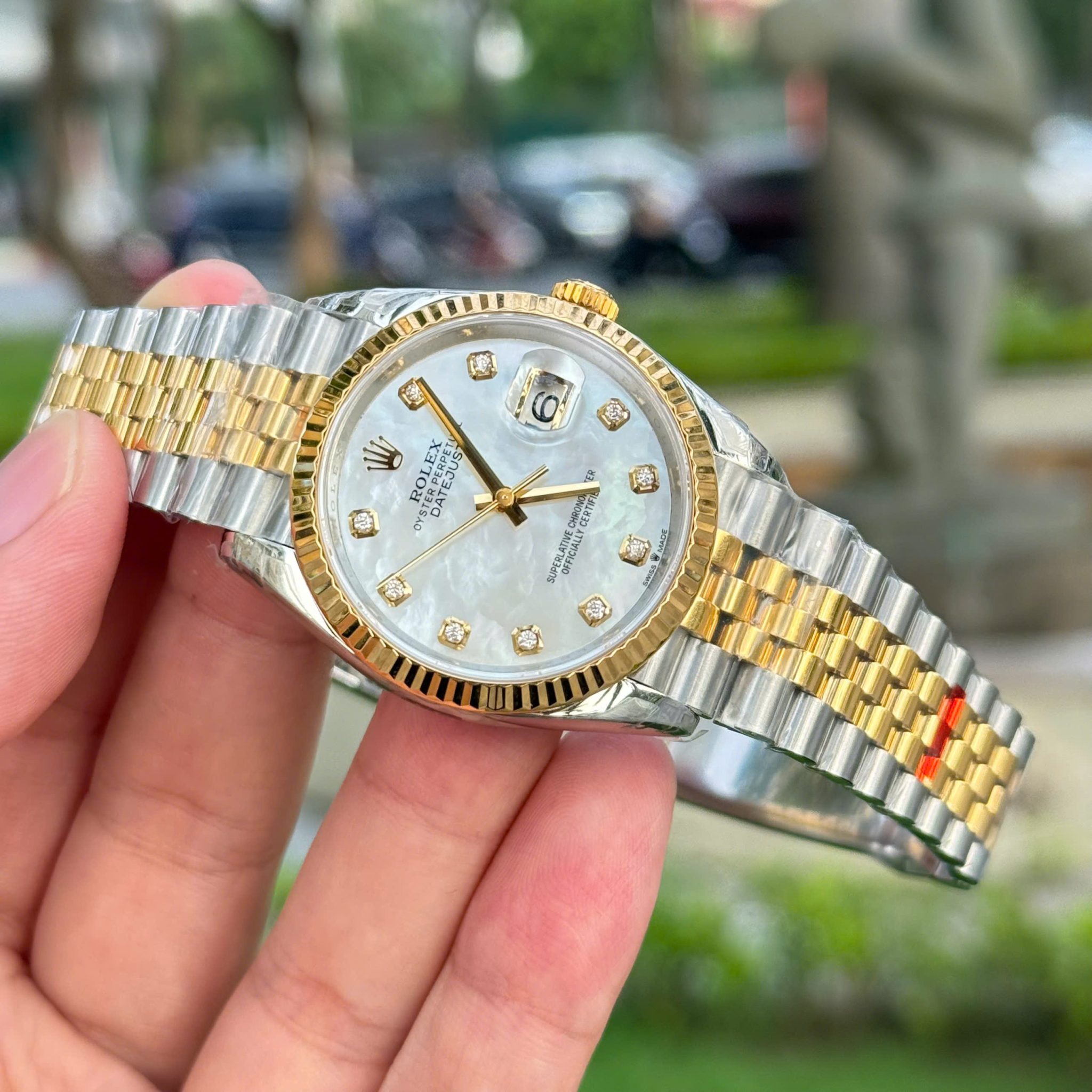 Rolex Datejust 126233 Steel & Yellow Gold Custom Natural MOP Dial Moissanite Markers Jubilee Bracelet Super Clone VSF 36mm - Image 6