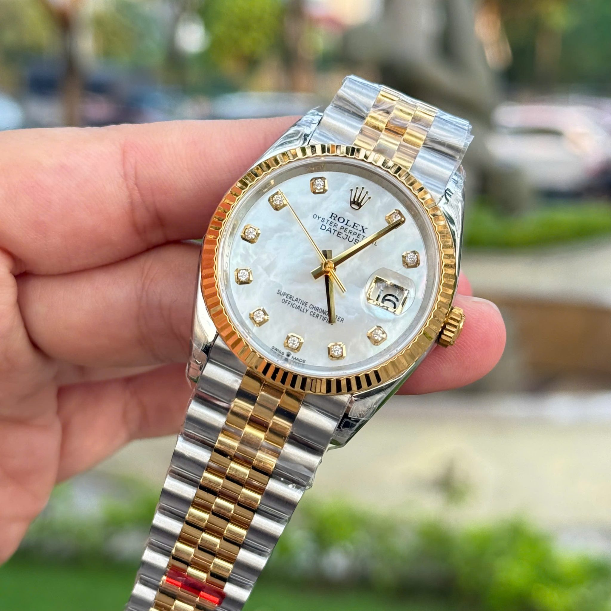 Rolex Datejust 126233 Steel & Yellow Gold Custom Natural MOP Dial Moissanite Markers Jubilee Bracelet Super Clone VSF 36mm - Image 7