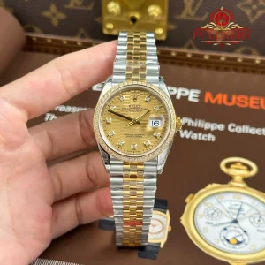 Đồng Hồ Rolex Datejust 126283RBR Demi Vàng Mặt Số Nếp Gấp Vàng Cọc Số Đá Viền Đá Dây Jubilee Replica 1:1 VSF 36mm