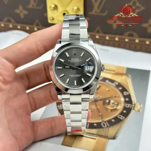 Đồng Hồ Rolex Datejust 126300 Mặt Xám Cọc Dạ Quang Viền Trơn Dây Oyster Replica 1:1 VSF 41mm