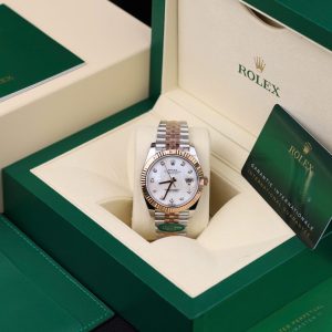 Đồng Hồ Rolex Datejust 126331-0014 Demi Vàng Hồng Độ Mặt Xà Cừ Tự Nhiên Cọc Số Moissanite Dây Jubilee Super Fake 41mm