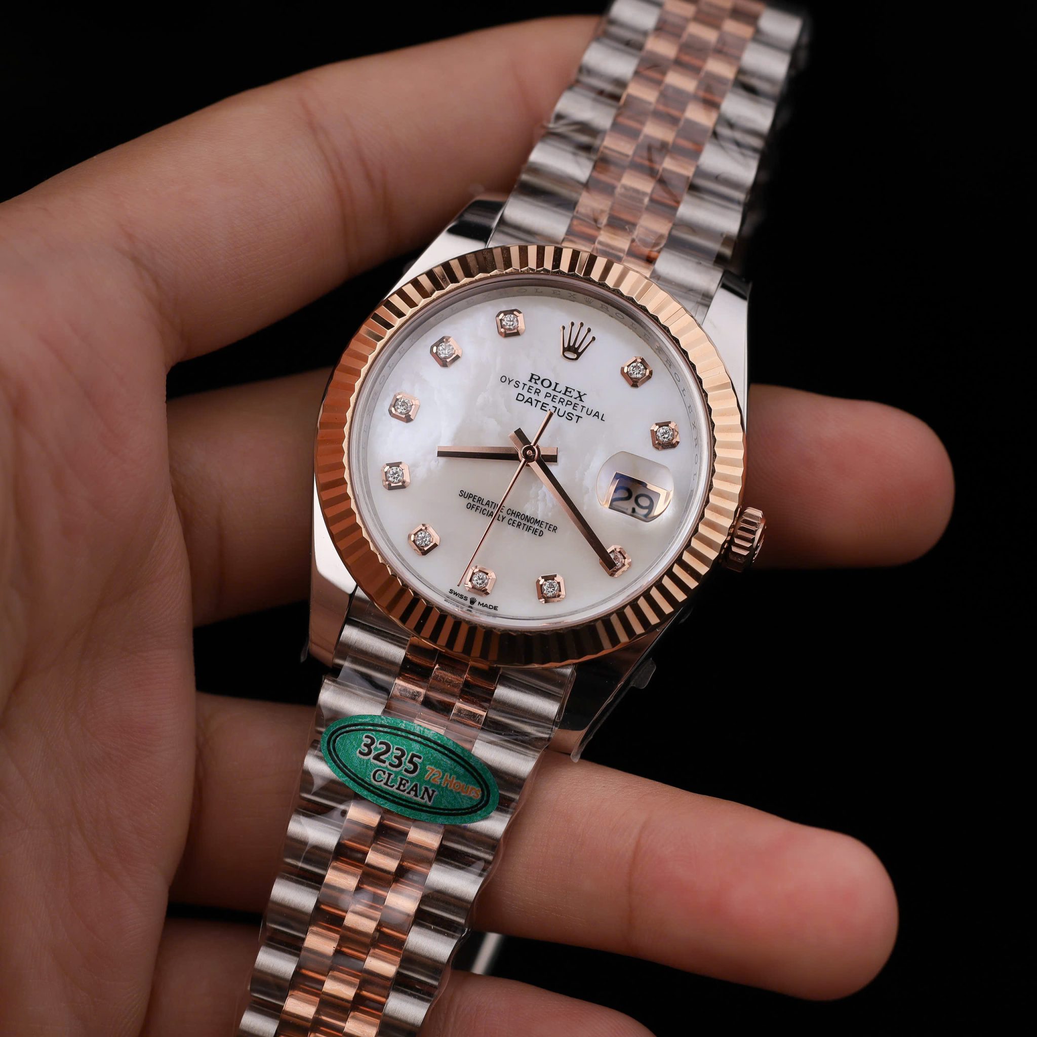Đồng Hồ Rolex Datejust 126331-0014 Demi Vàng Hồng Độ Mặt Xà Cừ Tự Nhiên Cọc Số Moissanite Dây Jubilee Super Fake 41mm - Image 3