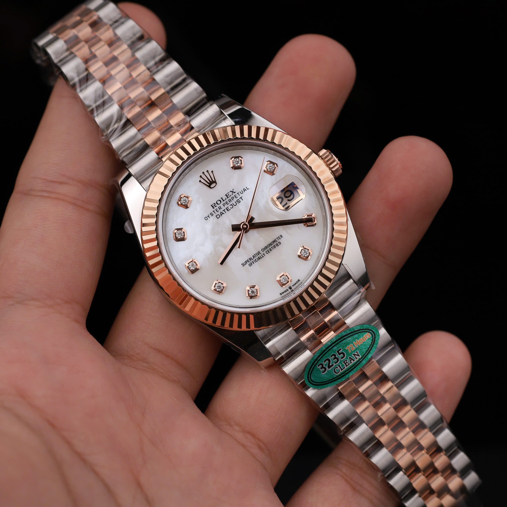 Đồng Hồ Rolex Datejust 126331-0014 Demi Vàng Hồng Độ Mặt Xà Cừ Tự Nhiên Cọc Số Moissanite Dây Jubilee Super Fake 41mm - Image 2