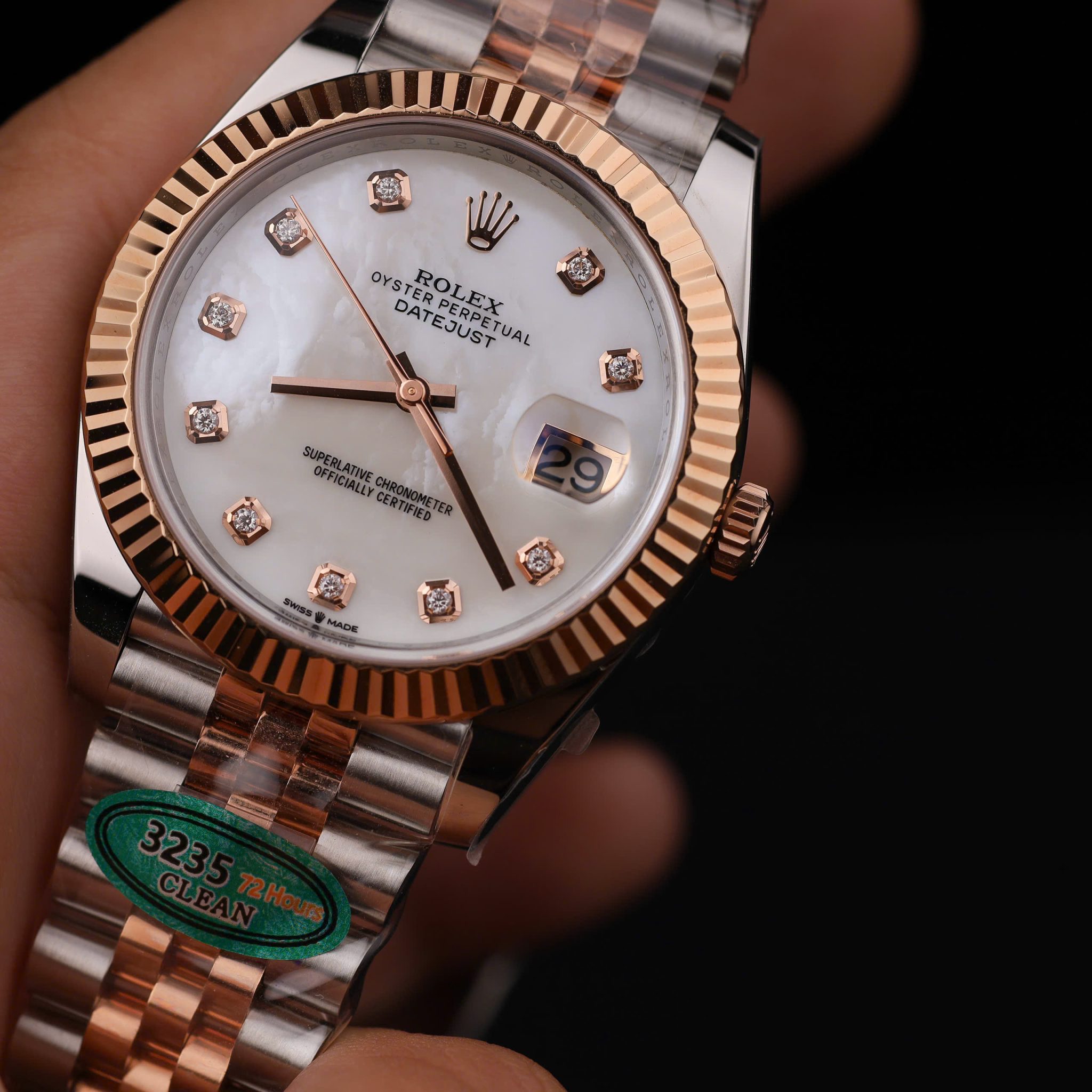 Đồng Hồ Rolex Datejust 126331-0014 Demi Vàng Hồng Độ Mặt Xà Cừ Tự Nhiên Cọc Số Moissanite Dây Jubilee Super Fake 41mm - Image 5