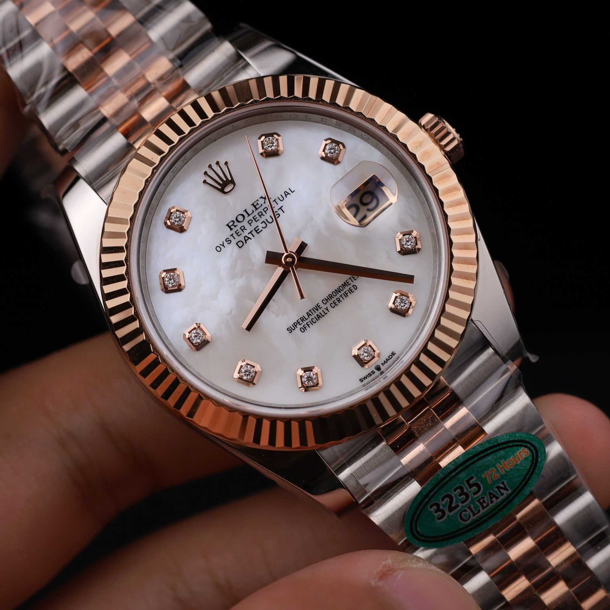 Đồng Hồ Rolex Datejust 126331-0014 Demi Vàng Hồng Độ Mặt Xà Cừ Tự Nhiên Cọc Số Moissanite Dây Jubilee Super Fake 41mm - Image 4