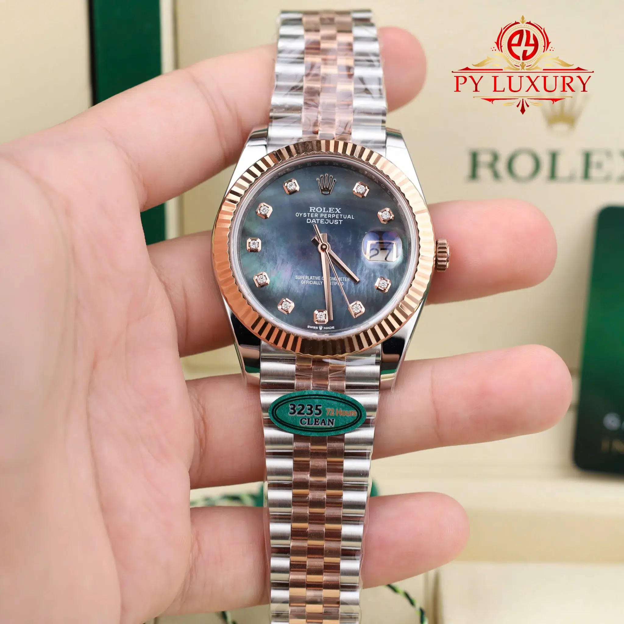 Rolex Datejust 126331 Steel & Rose Gold Custom Black Mother of Pearl Dial Moissanite Markers Jubilee 1:1 Best Edition 41mm - Image 2