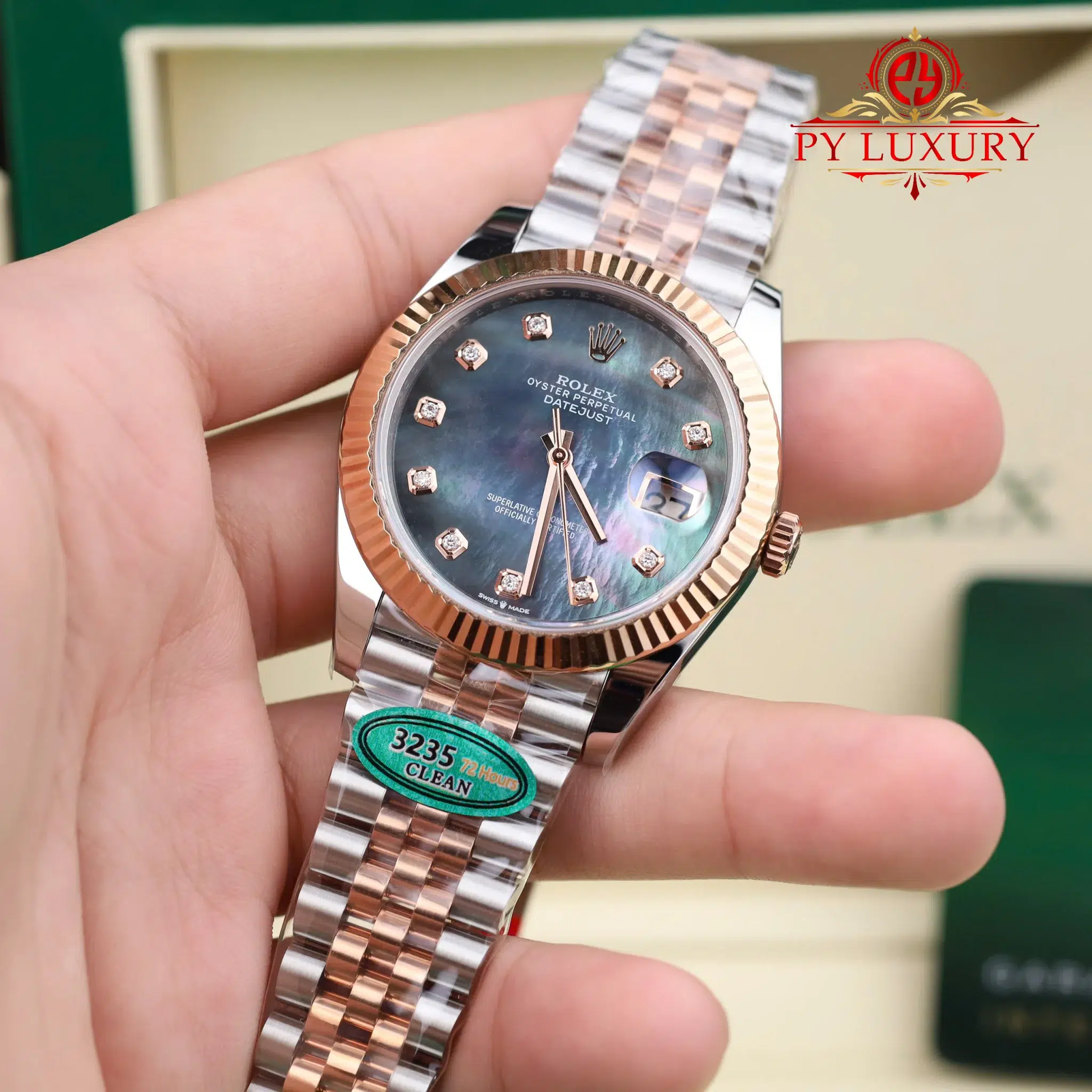 Rolex Datejust 126331 Steel & Rose Gold Custom Black Mother of Pearl Dial Moissanite Markers Jubilee 1:1 Best Edition 41mm - Image 3