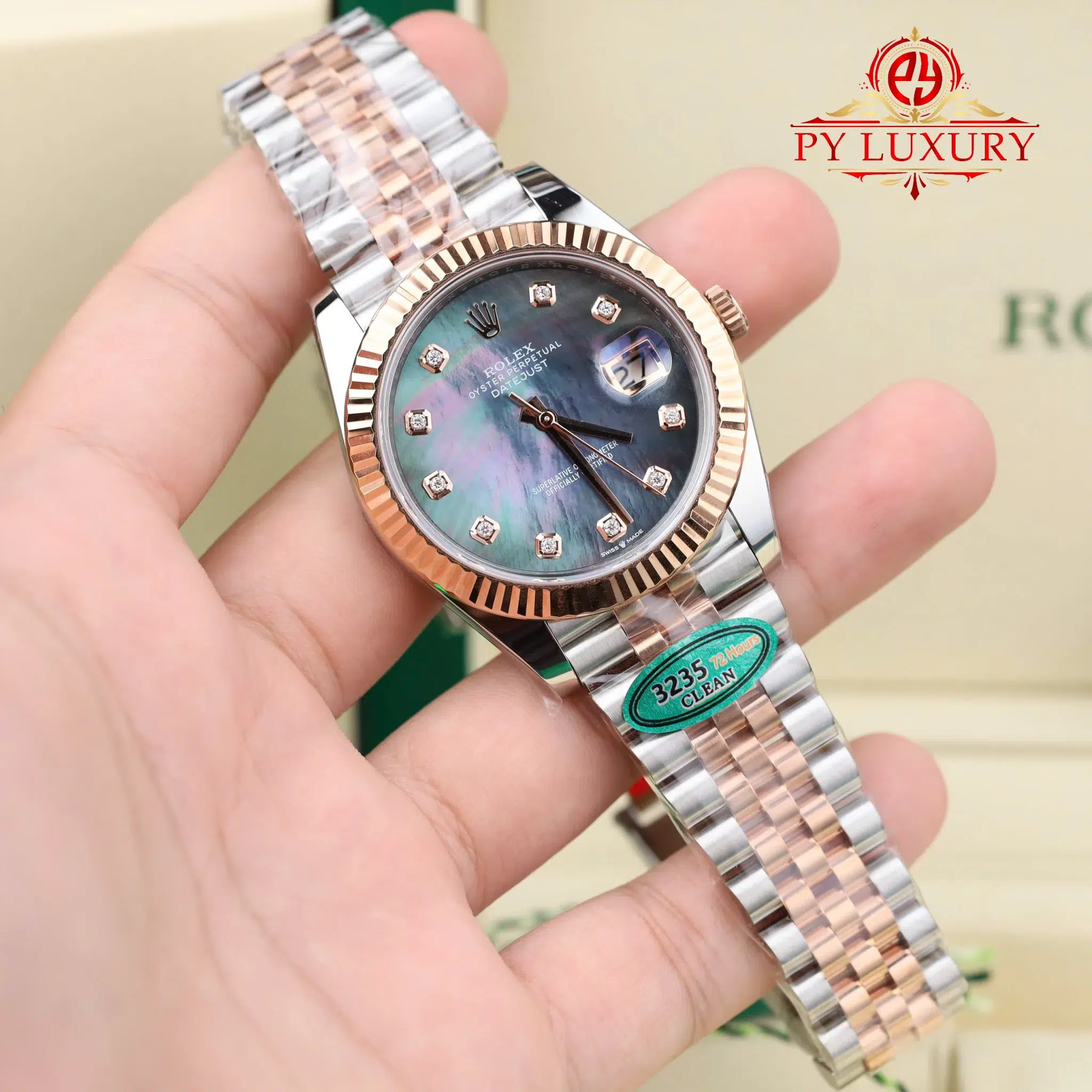 Rolex Datejust 126331 Steel & Rose Gold Custom Black Mother of Pearl Dial Moissanite Markers Jubilee 1:1 Best Edition 41mm - Image 4
